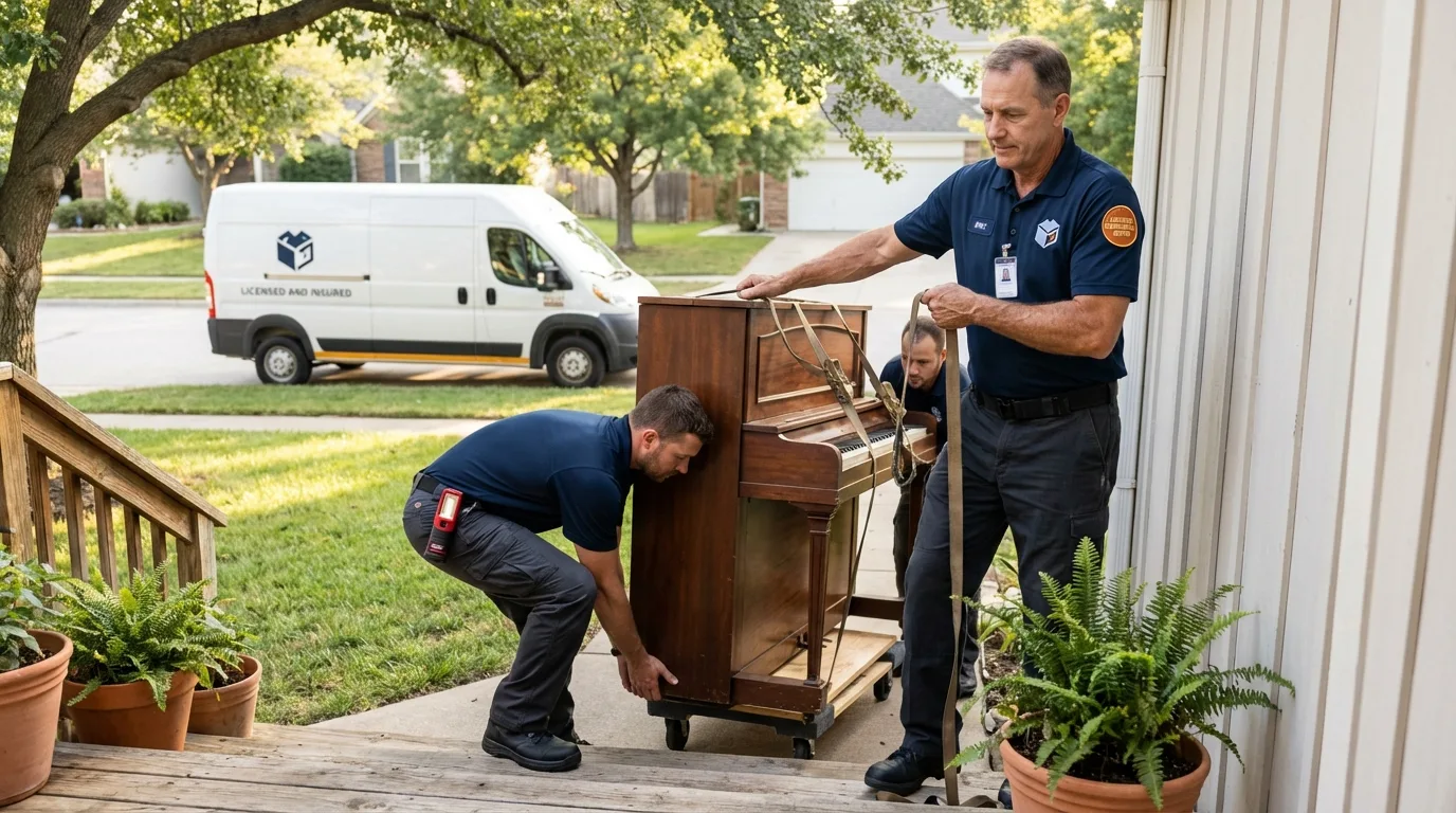 Licensed piano movers securing grand piano in Greenville, IL