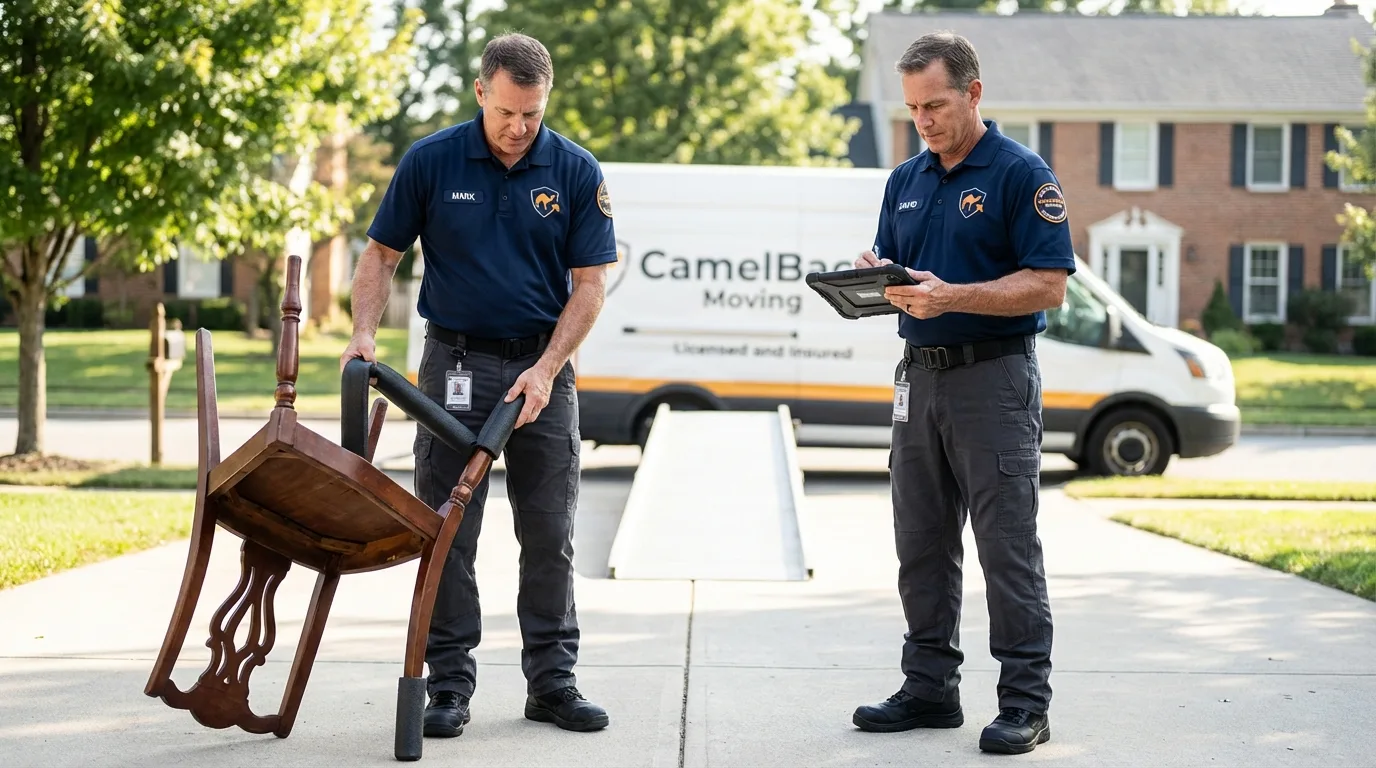 Movers inspecting furniture for damage prevention before loading in Greenville, IL
