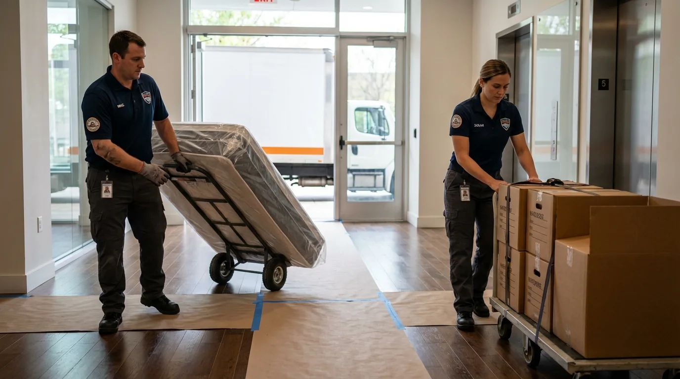 Professional apartment movers loading elevator in Greenville, IL