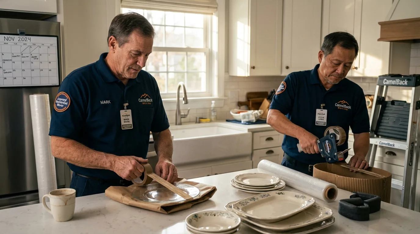 Professional crew packing kitchen dishware in Greenville, IL